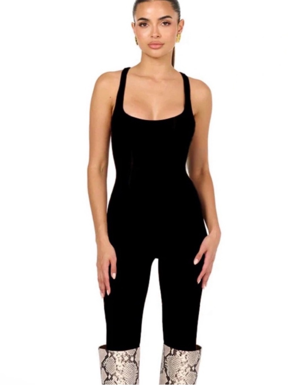 naked wardrobe • Black racerback scoop neck second skin jumpsuit